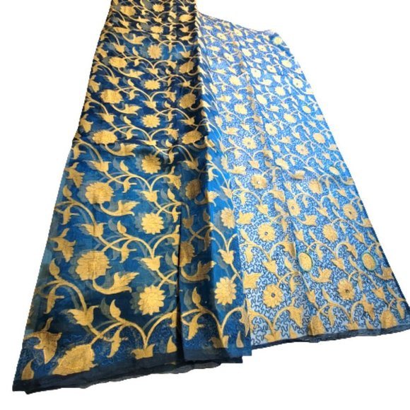 Blue and Gold Saree PRE-PLEATED with Sequin Mirror Accents- NEW ! - Picture 8 of 15